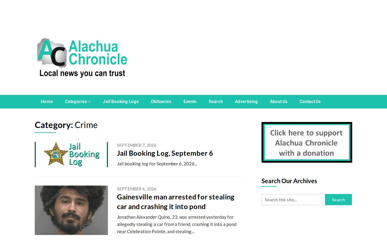 Alachua Chronicle Crime archive with dated local arrest and booking reports
