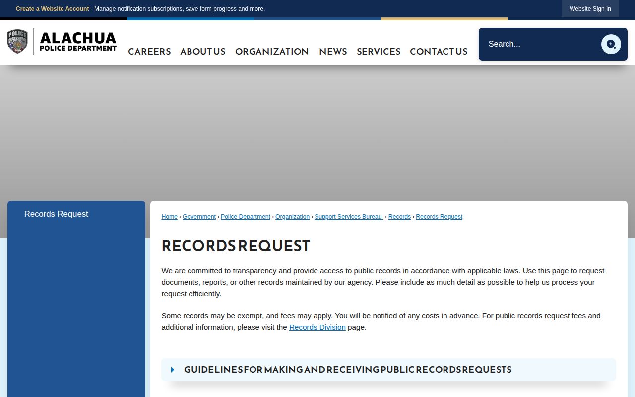 City of Alachua Police arrest records request page