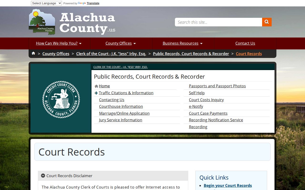 Alachua County arrest court records access page