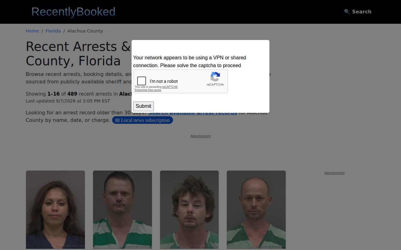 Unofficial Alachua County recent arrest listing source