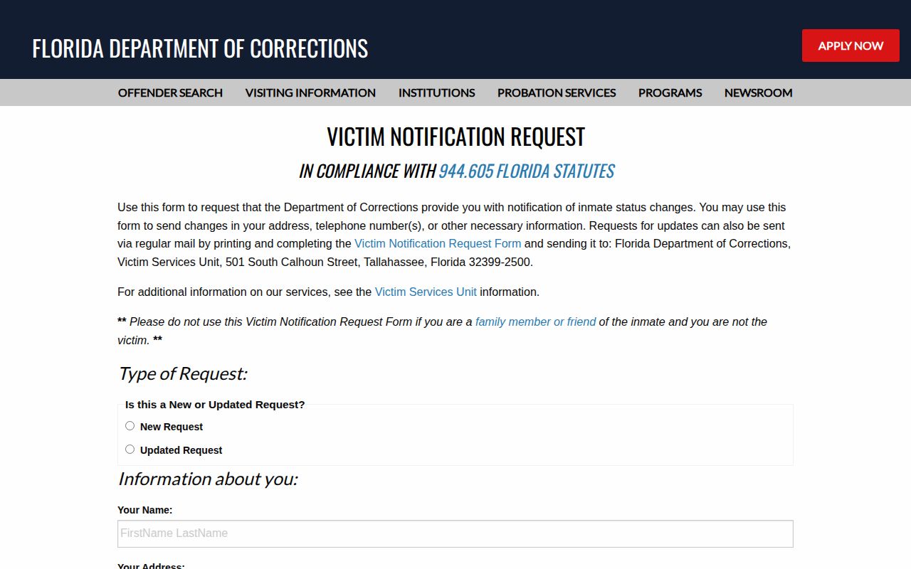 Florida Department of Corrections Victim Services notification page